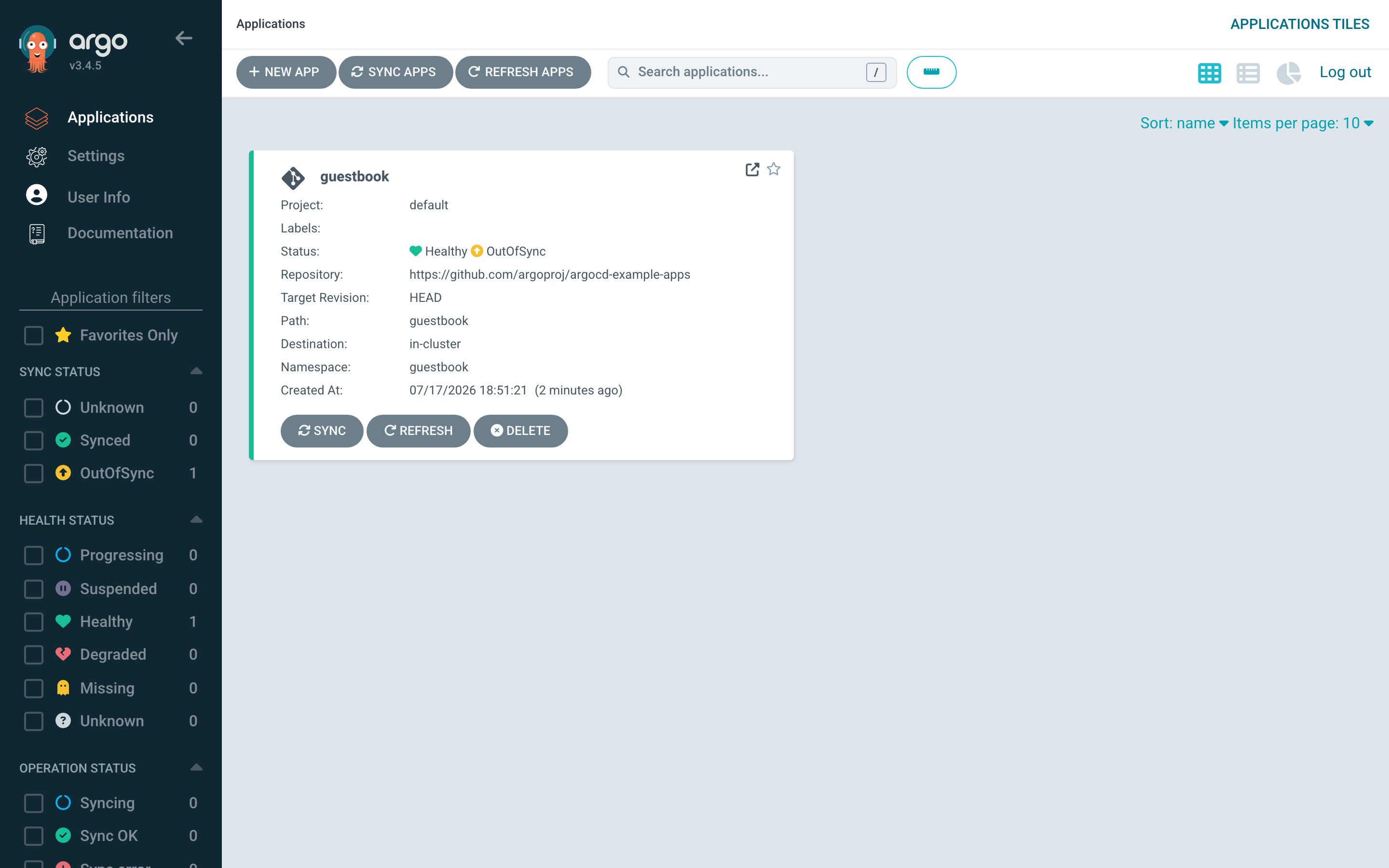 ArgoCD-Übersicht mit der frisch angelegten Application, die einen bereits laufenden Workload verwaltet.