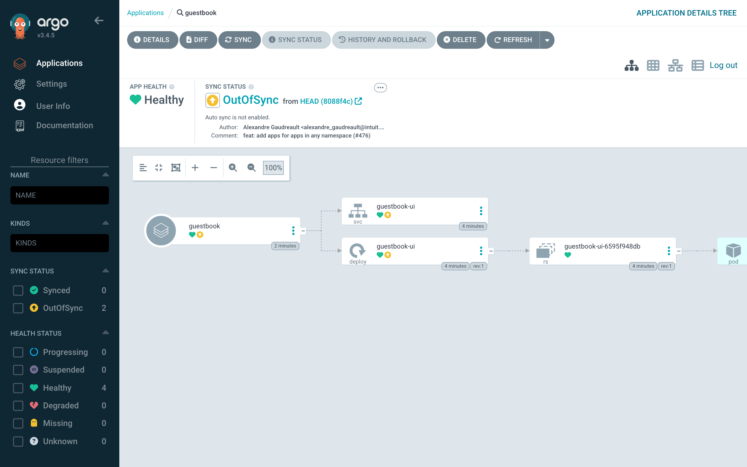 Der Ressourcenbaum: alles Healthy, aber OutOfSync. Die Workloads laufen bereits, ArgoCD kennt sie nur noch nicht als seine. Genau das ist der Adopt-Moment.