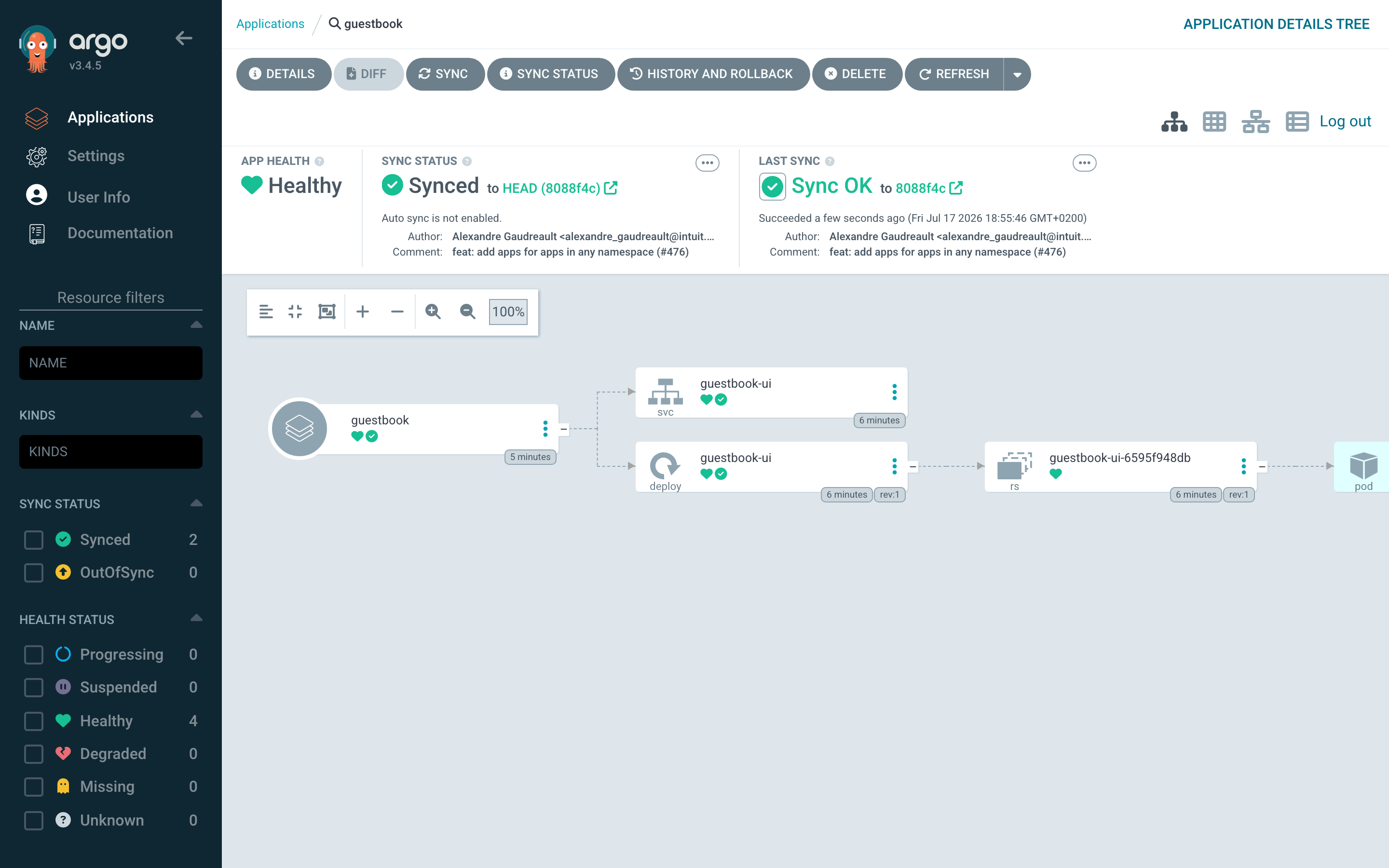 Nach dem Sync: dieselben, unveränderten Ressourcen, jetzt Synced und Healthy. ArgoCD hat sie adoptiert, ohne einen einzigen Pod neu zu starten.