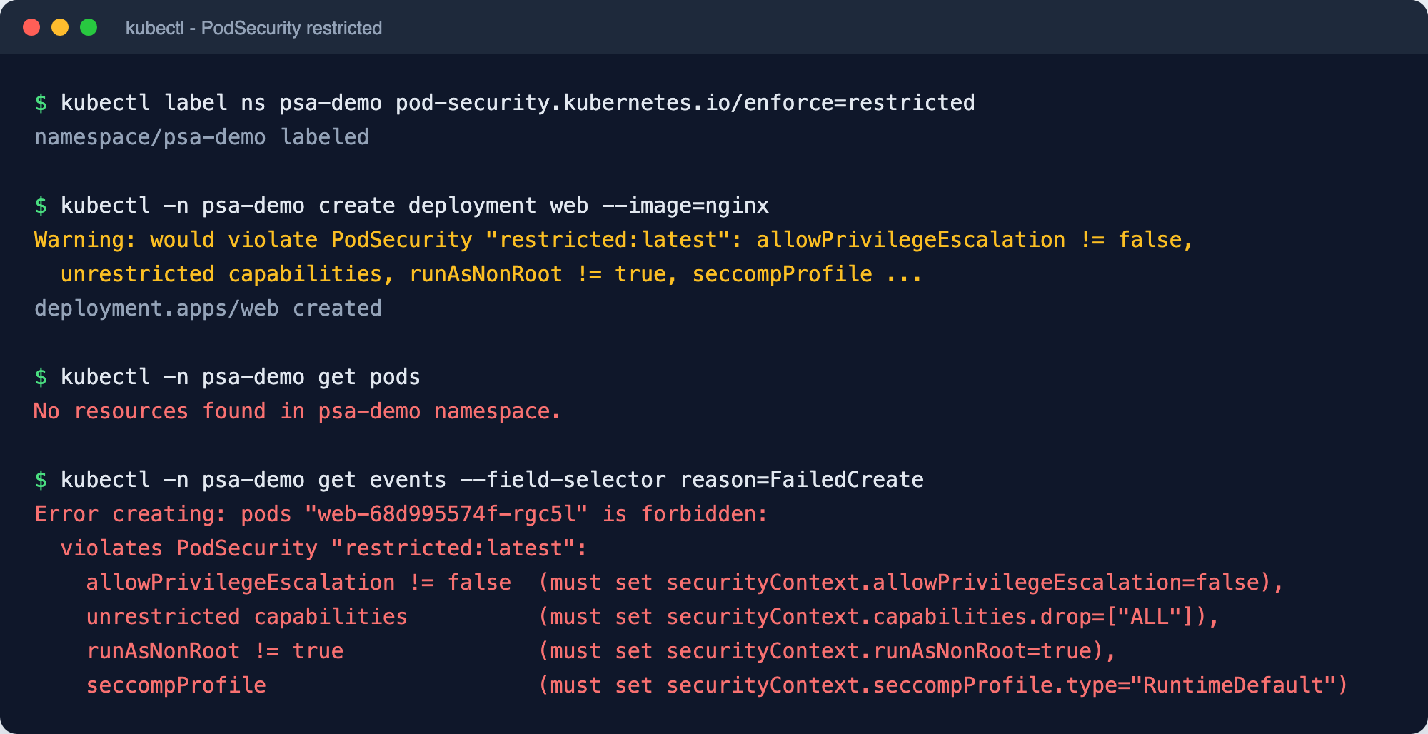 PodSecurity restricted: der Namespace, in dem keine Pods starten